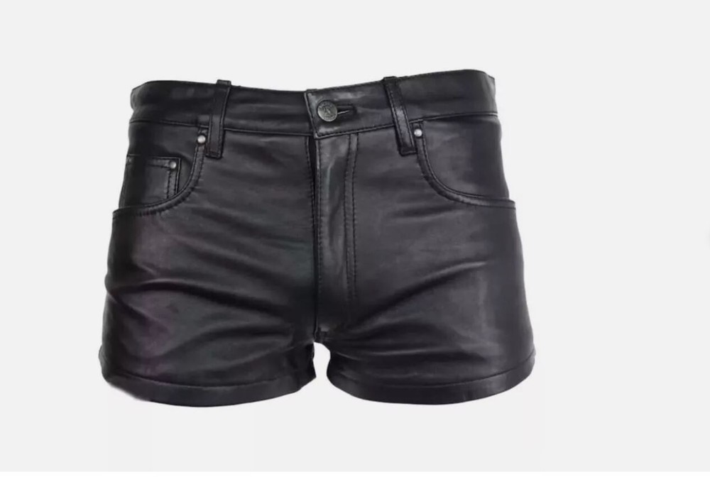 Men's Leather Shorts Black Casual 5 Pocket Zipper Fly Cowhide Leather Gym Shorts