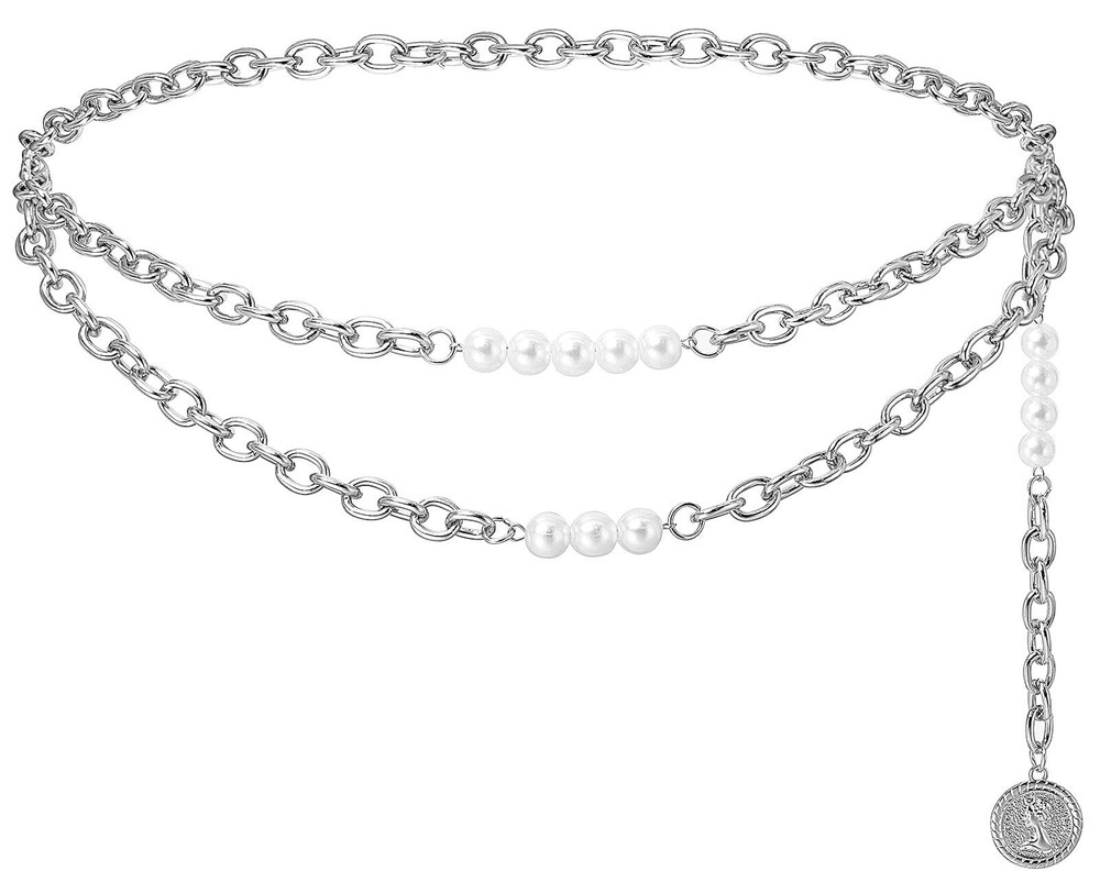 Heyion Women's Layered Metal Waist Chain Belt with Pearls for Dresses