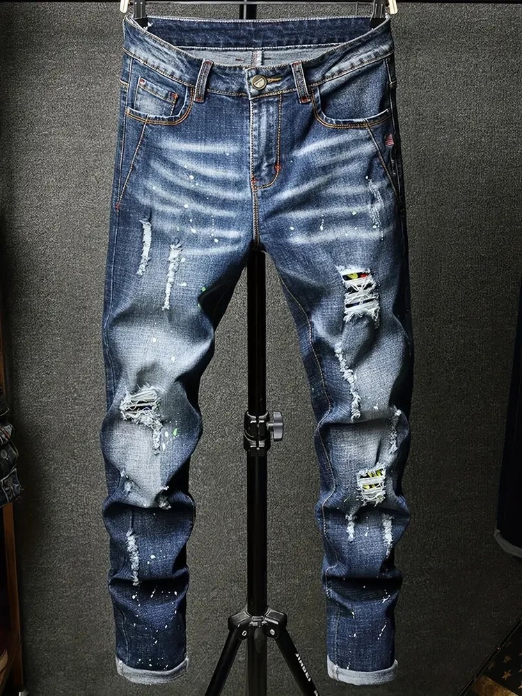 Dynasty Distressed Jeans Mens Slim Skinny Fit Ripped Stretch Denim Pants Waist