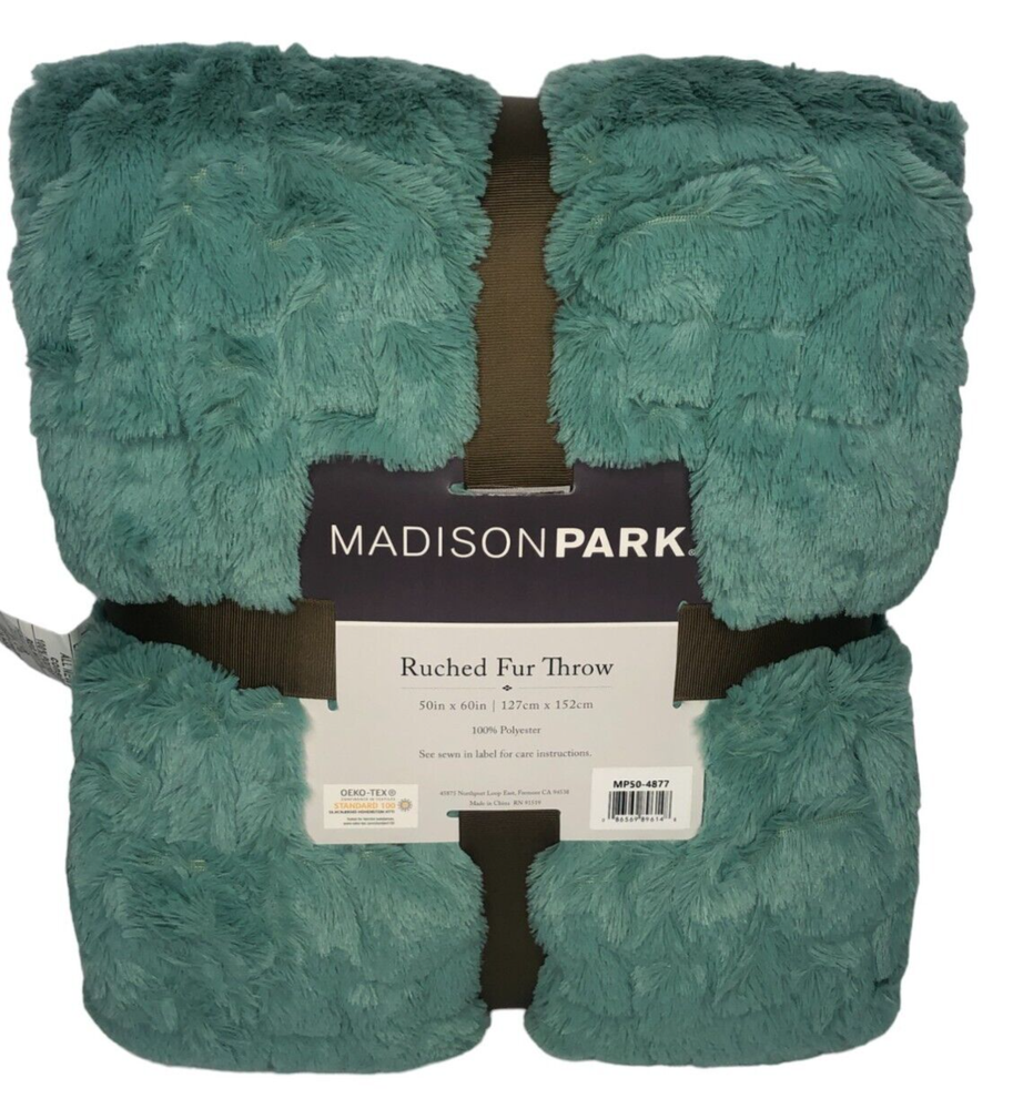 Madison Park Aqua Ultra Soft Faux Fur Ruched Throw Blanket 50x60 New