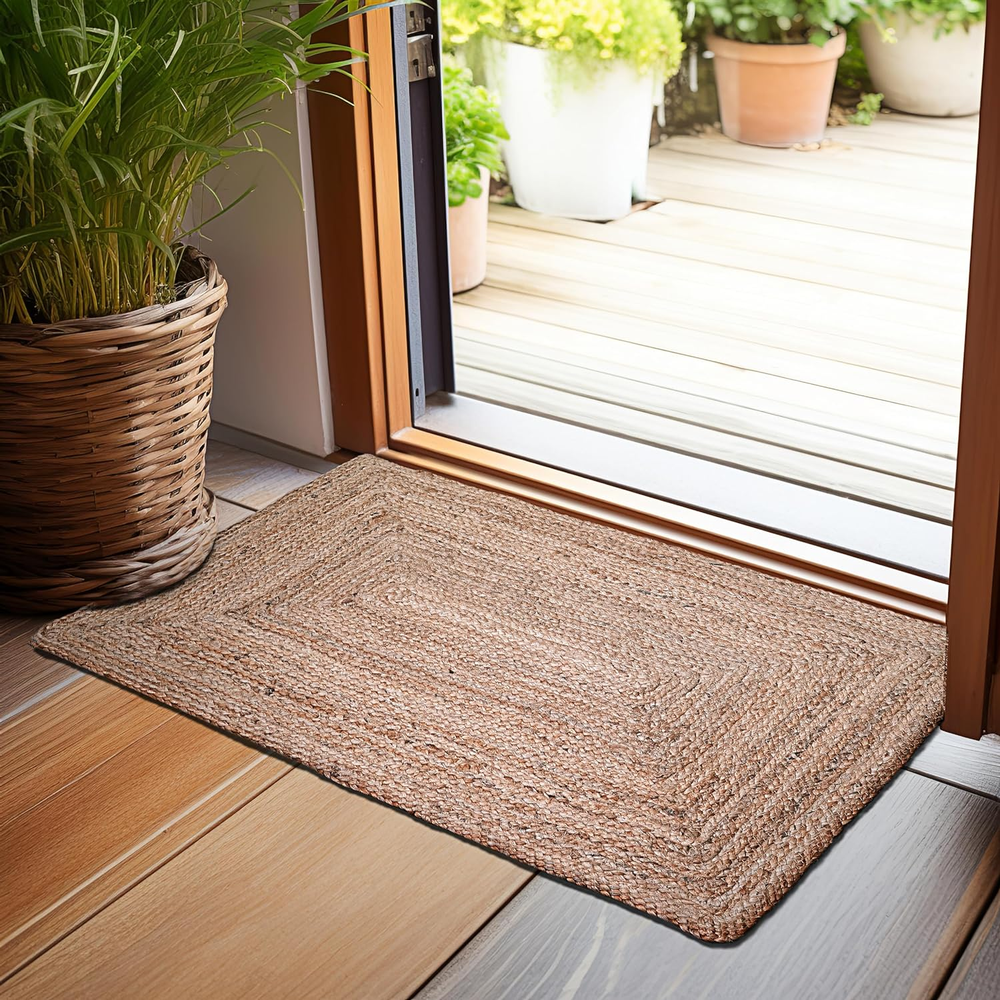 Hand Woven Jute Braided Rug, 2'X3' - Natural, Reversible Farmhouse A