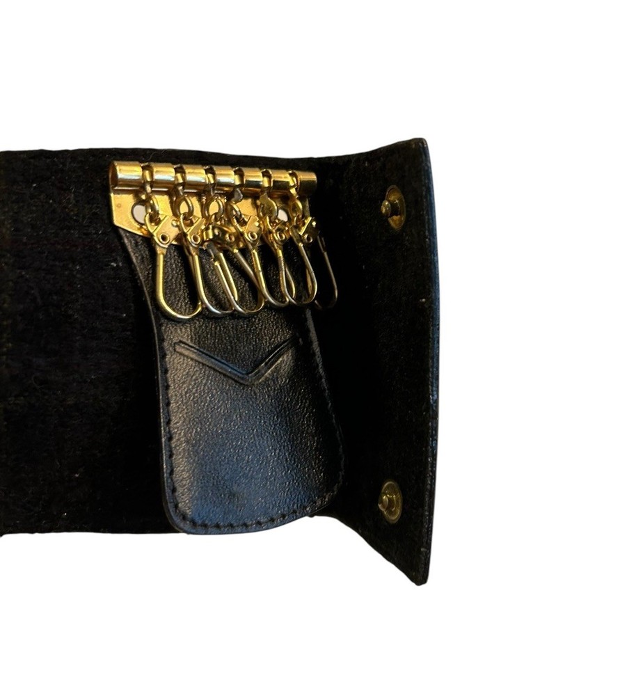 Vintage Trianon Leather Key Case Wallet Black Gold Bifold Snap Compact