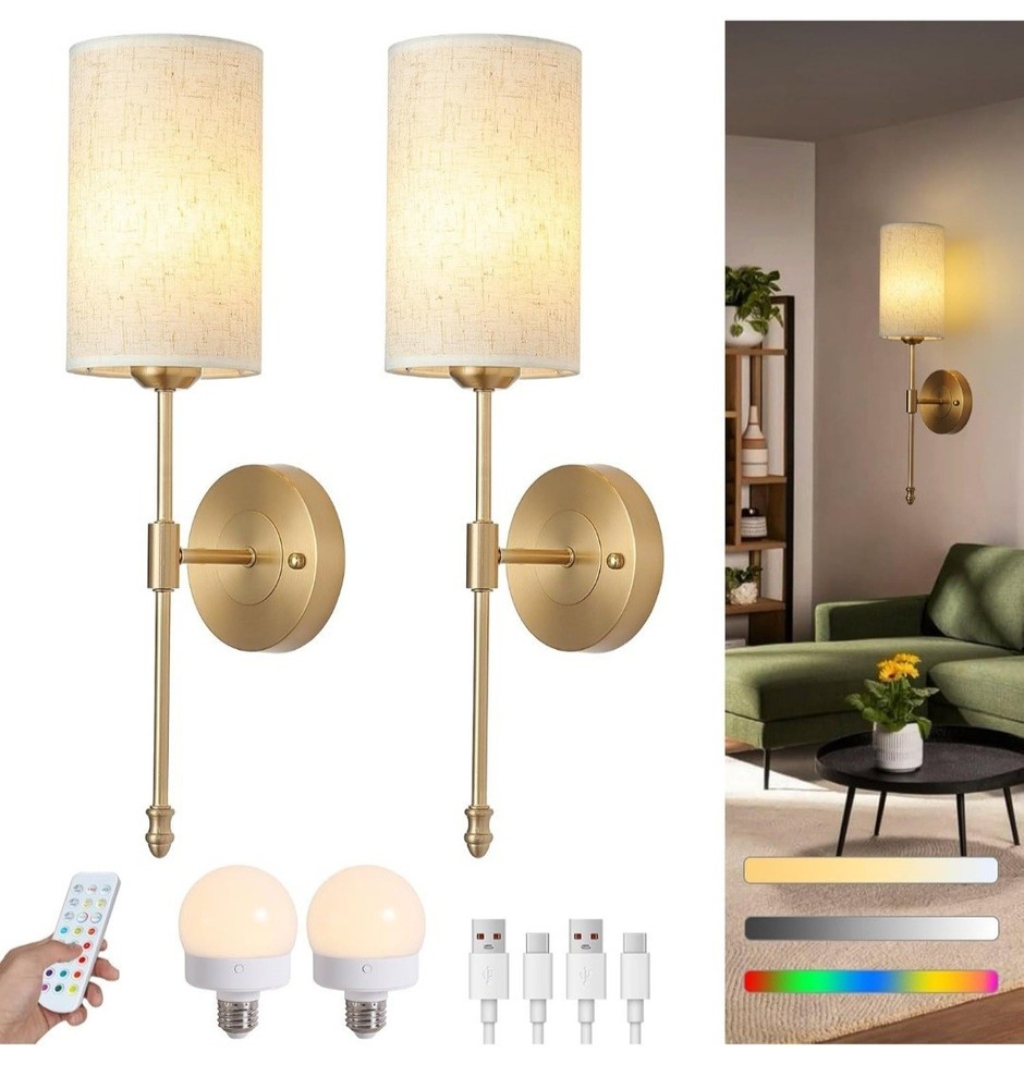 Set of Two Rechargeable Wireless Wall Sconces with Battery Operation