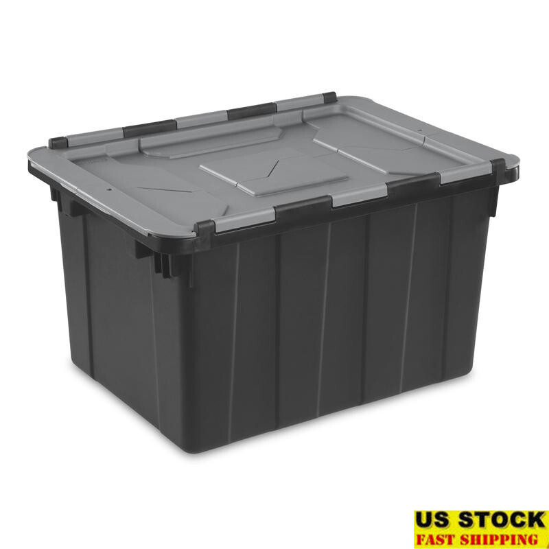 Heavy Duty 12 Gallon Industrial Tote W/ Hinged Lid Stackable Storage Container