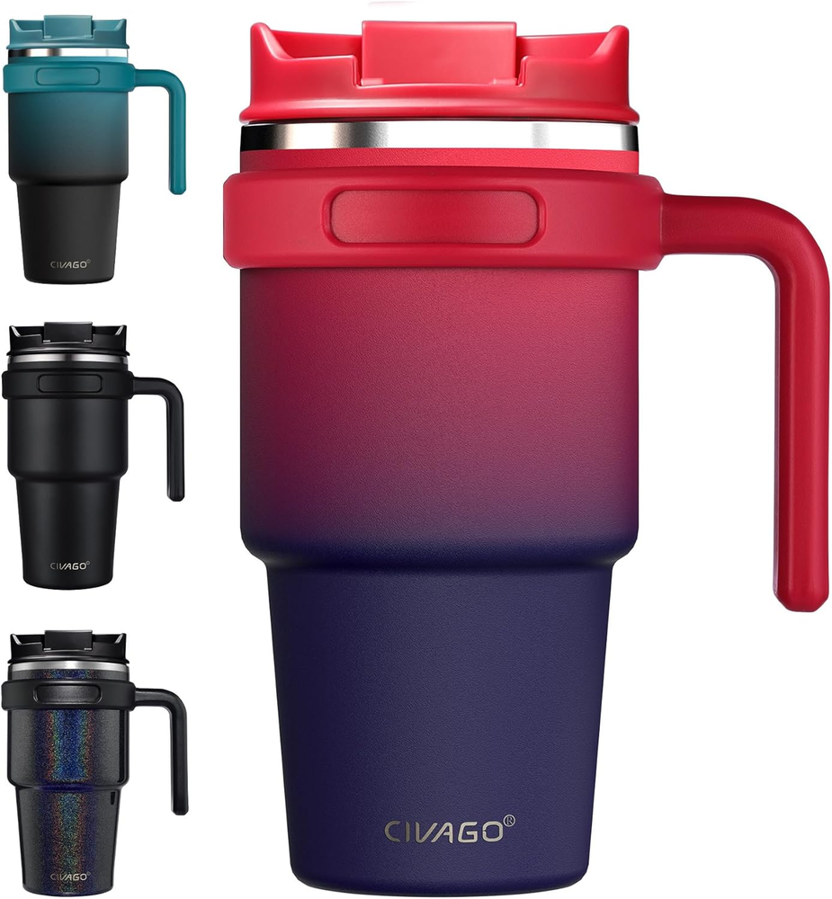 20 Oz Tumbler Mug with Lid and Straw, Insulated Travel Coffee Mug with Handle, D