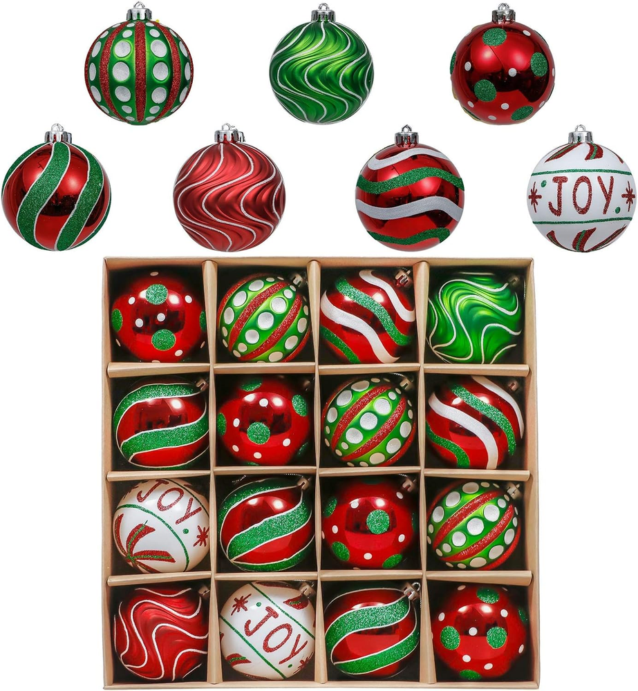 Christmas Ornaments Set, 16Ct Red Green White Shatterproof Christmas Tree Decora