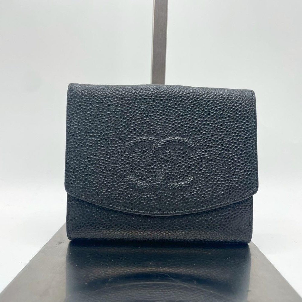 Chanel Caviar Black Coco Mark Folding Wallet Authentic Pre-Owned