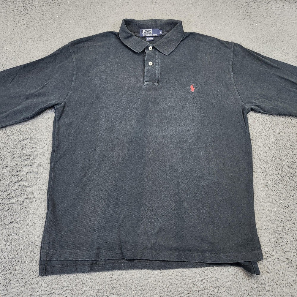 Ralph Lauren Polo Shirt Mens Large Black Long Sleeve Pique Red Pony Cotton