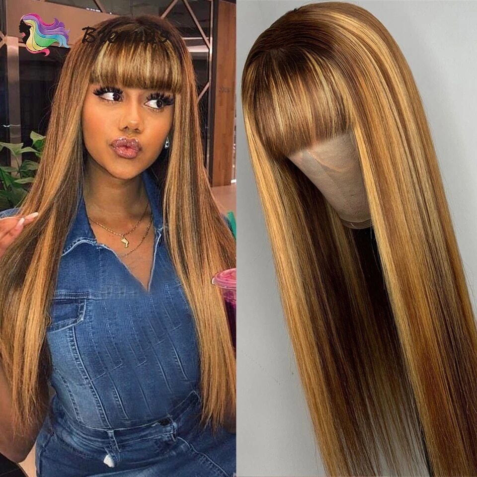 Straight Blonde Highlight Human Hair Wig With Bangs Glueless Machine Made