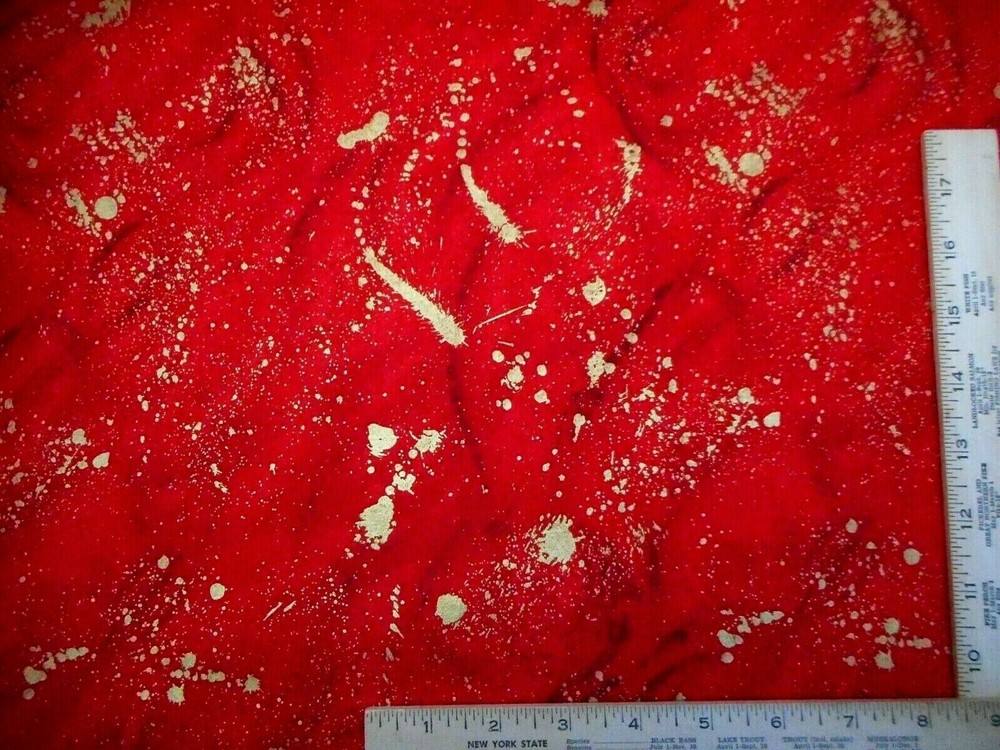 Christmas Fabric By Yard Splashed Metallic Gold on Red Premium Cotton #30 Vtg