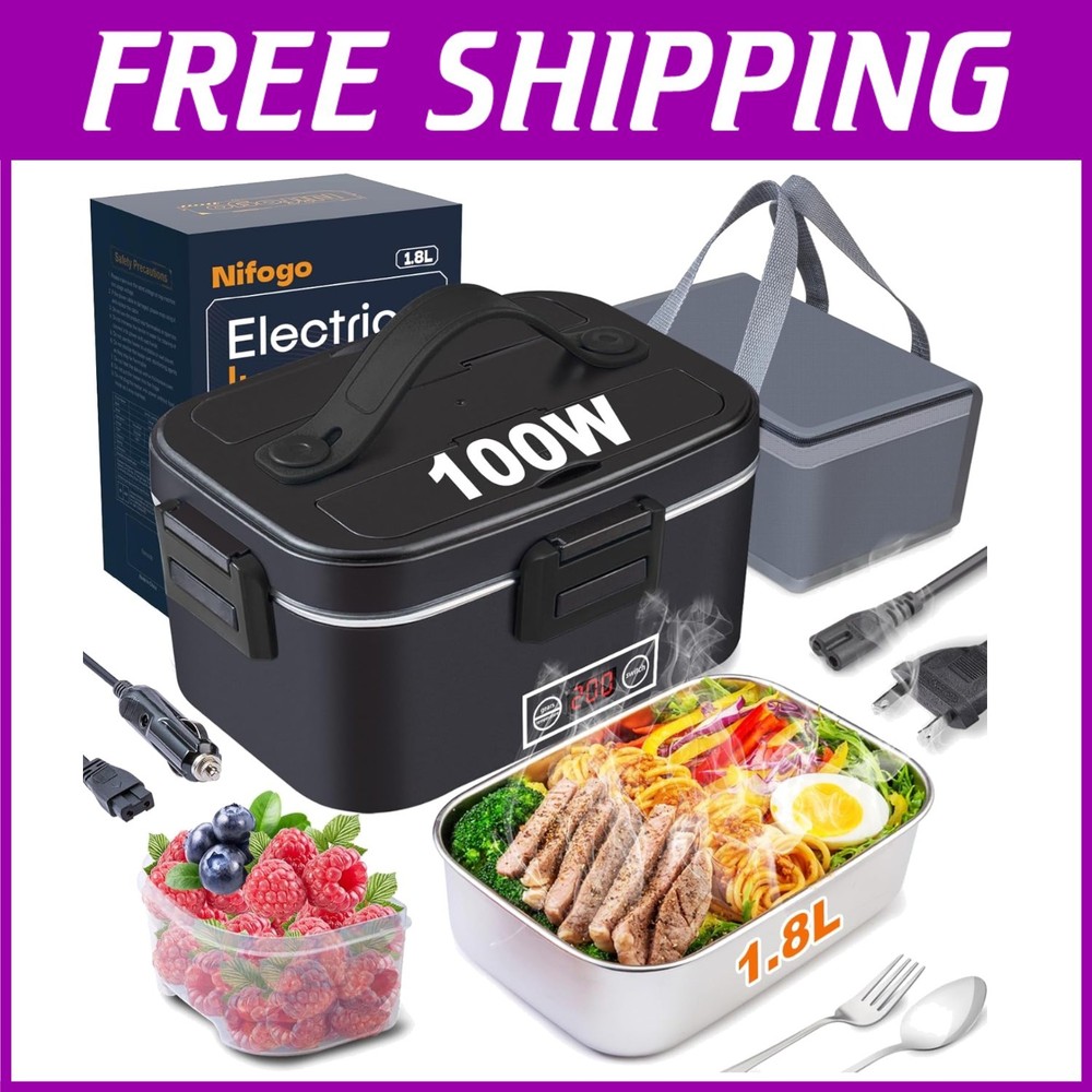 Portable 1.8L Electric Lunch Box with Digital Display & Steel Cutlery Set - Fast Heating