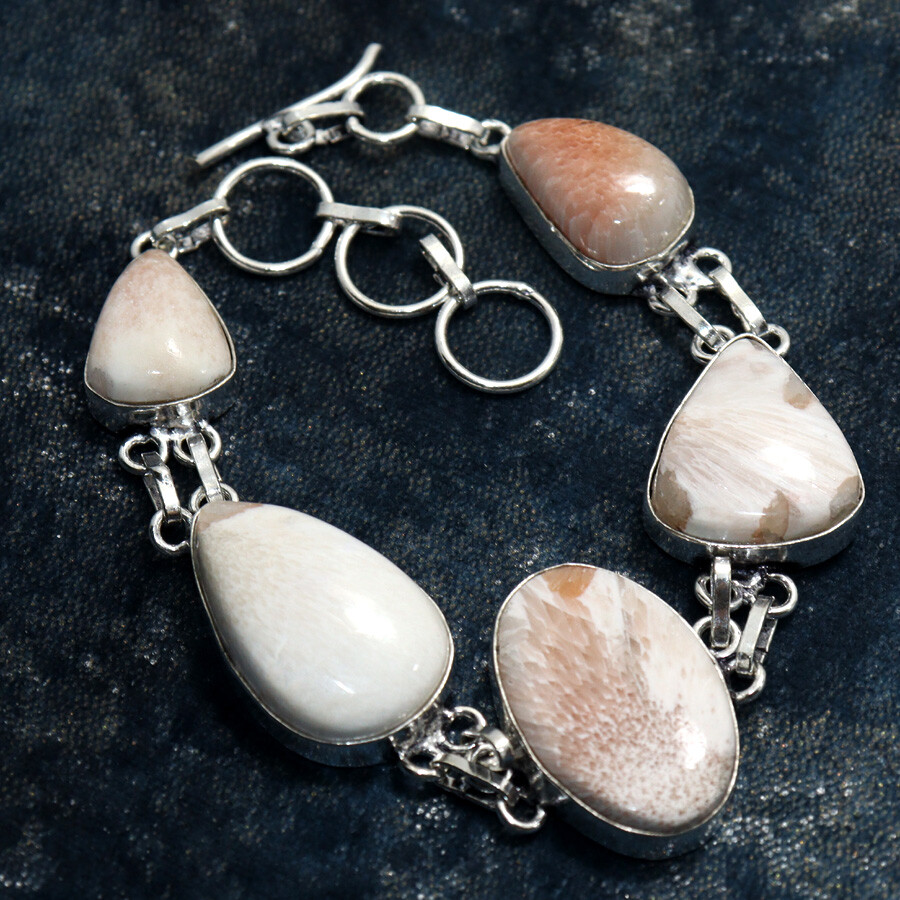 925 Silver Plated Scolecite Ethnic Bracelet 8.5 Inch Jewelry JW
