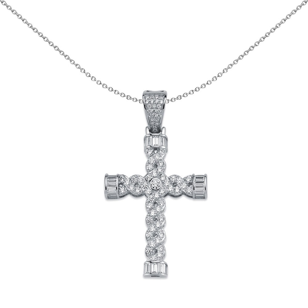 Sterling Silver Jewelco London CZ Platted Twist Cross Pendant Necklace 49mm 18