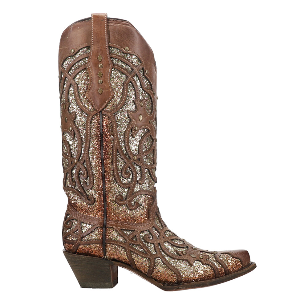 Glitter Tooled Inlay Snip Toe Cowgirl Boots for Women in Brown C333