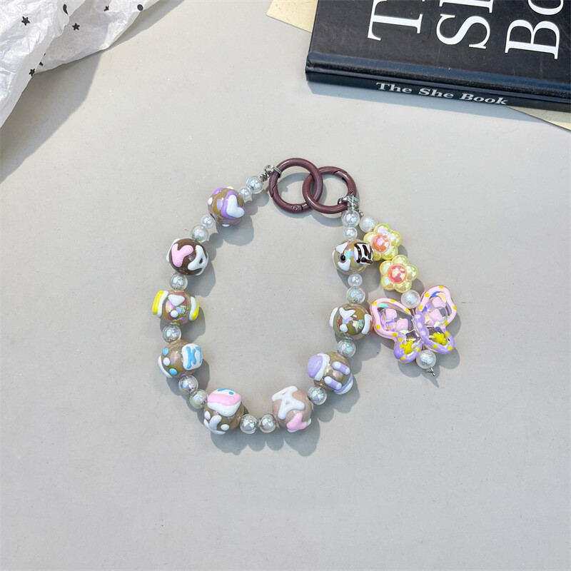 Hand Painted Butterfly Bead Phone Chain Keyring Wrist Strap Bag Charm