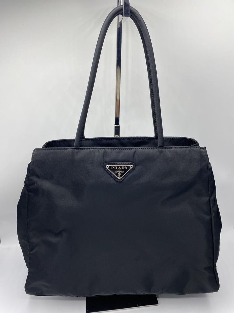 Prada black nylon tote shoulder bag with triangular logo in excellent condition