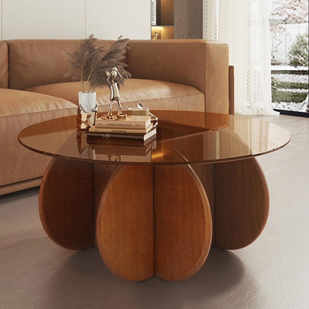 Modern Round Coffee Table with Solid Wood Legs, 31.5'' Glass Coffee Tables fo...