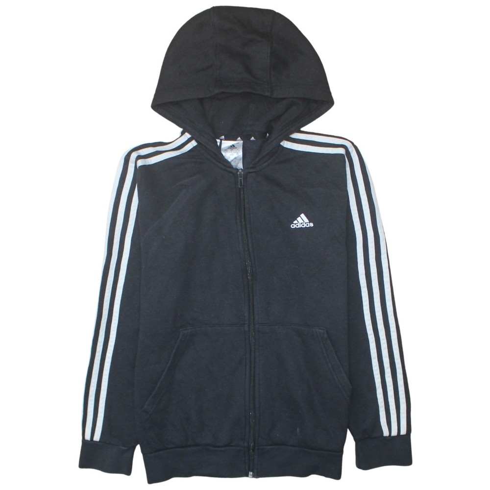 Adidas Womens Hoodie Black Fleece Full Zip Hooded Three Stripe Logo Pockets L