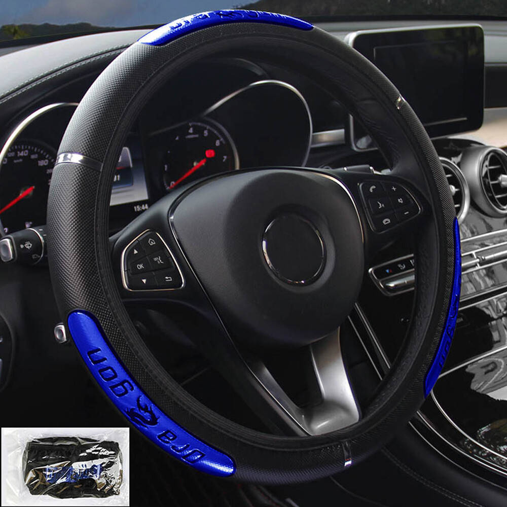 Anti-slip Blue & Black Leather Universal Car Steering Wheel Cover