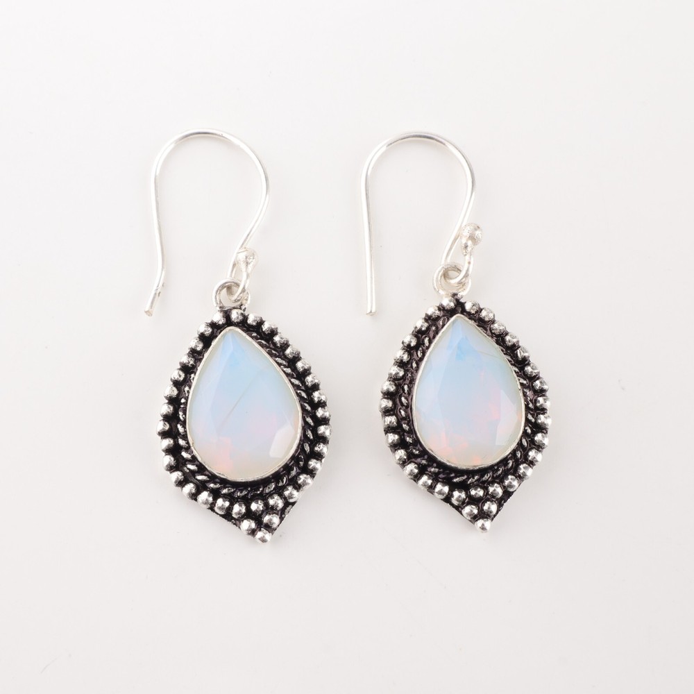 Pear Milky Opal Gemstone 925 Silver Bezel Wife New Dangle Hook Earrings Jewelry