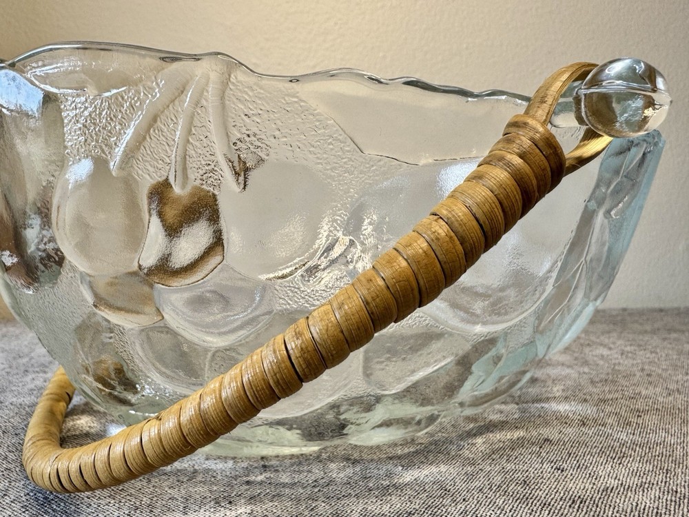 Vintage Libbey Orchard Fruit Glass Bowl with Stylish Rattan Handle  