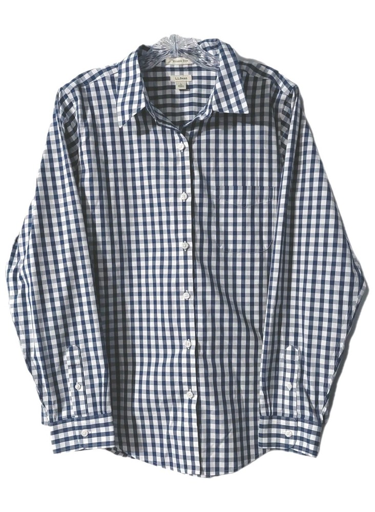 L L Bean Shirt Womens Size Large Blue White Gingham Button Down Long Sleeve