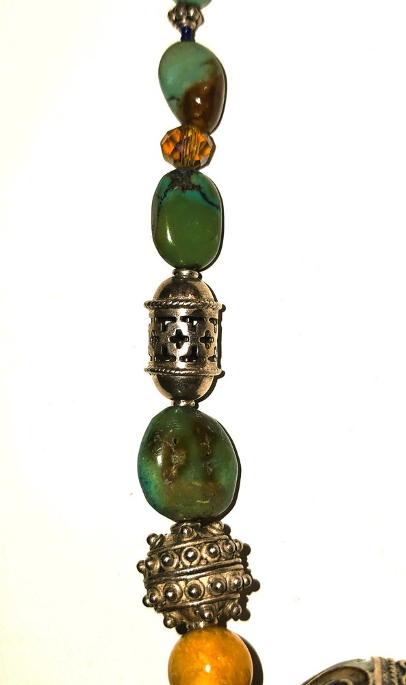 Artisan ATQ Berber Necklace Enamel Work Turquoise Yellow Jade RARE Silver Beads
