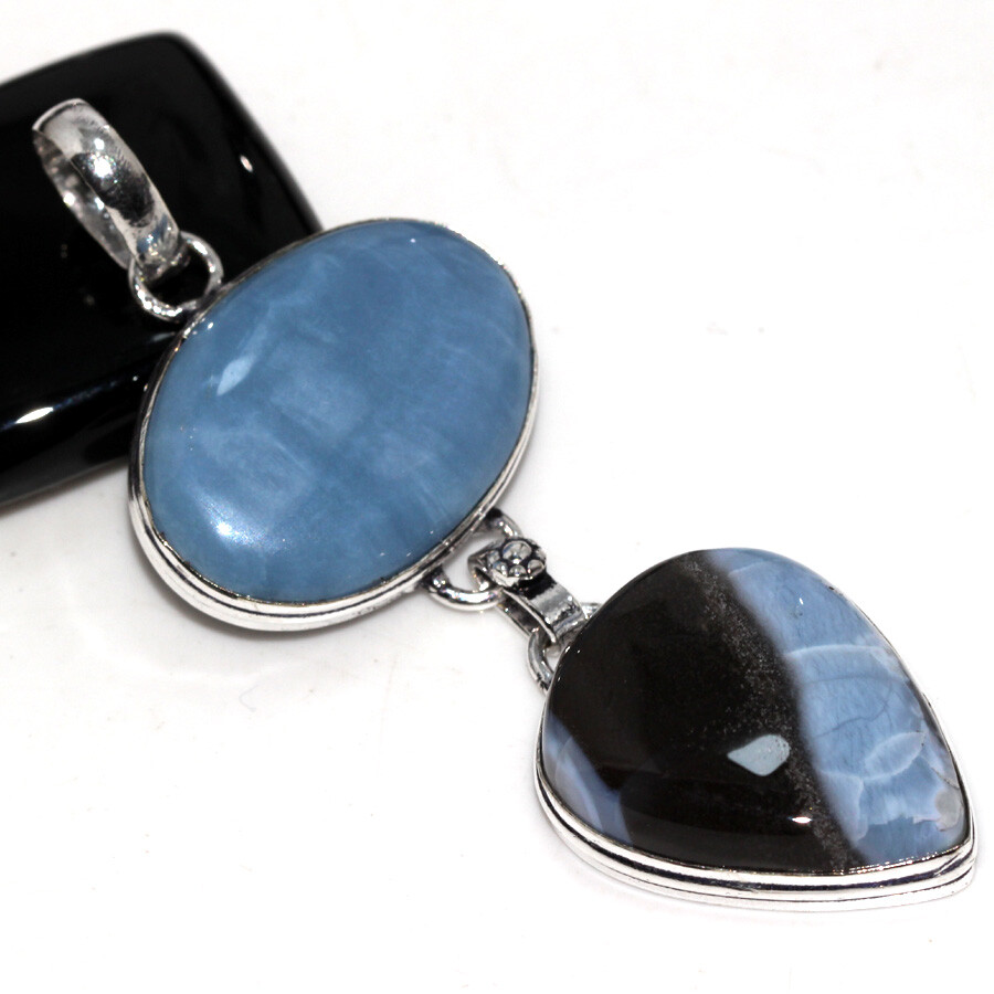 925 Silver Plated Owhyee Blue Opal Ethnic Long Pendant Jewelry Size 3