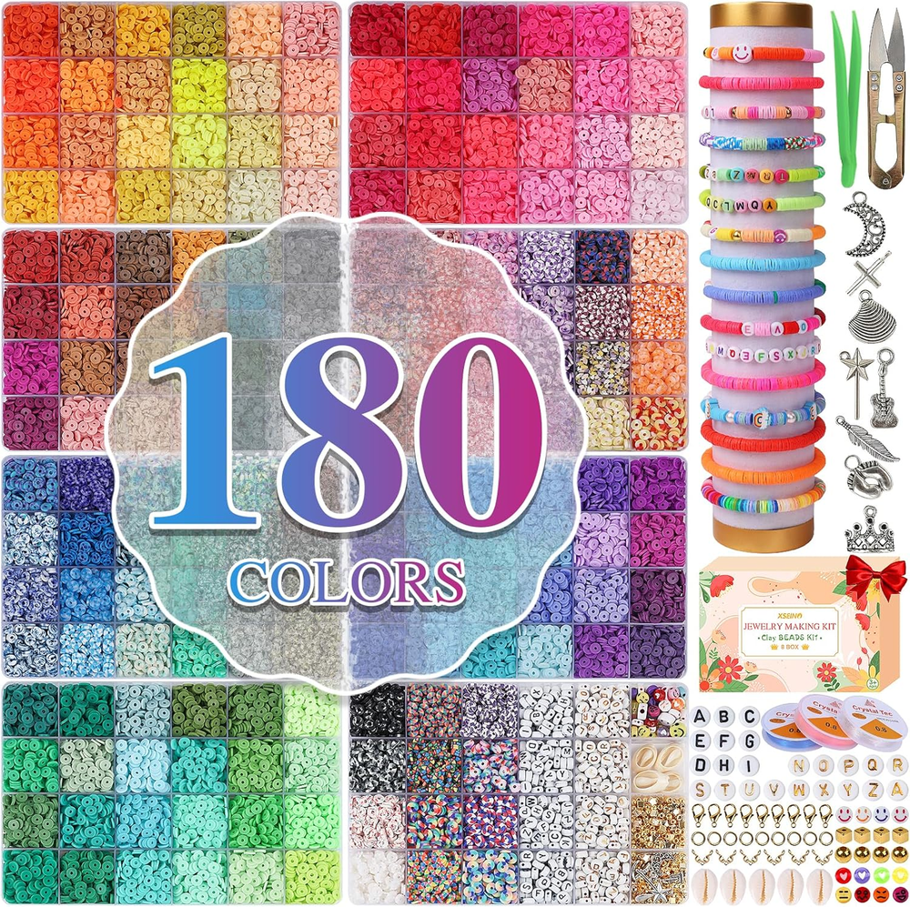 37300Pcs 180-Color Polymer Clay Beads Kit for DIY Bracelets in 8 Boxes