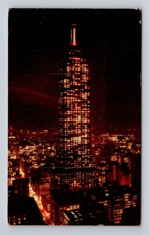 New York City Empire State Building Night Vintage Antique Postcard