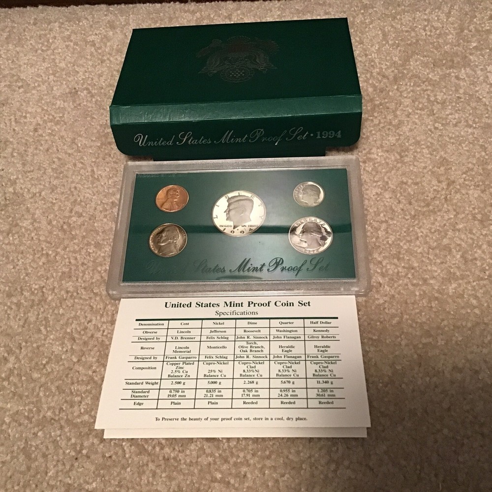 1994 Clad US Proof 5 Coin Set with Original Packaging & COA Complete Set