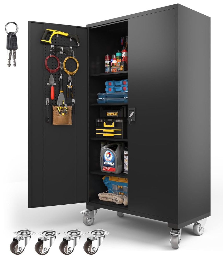 72-Inch Black Heavy-Duty Lockable Metal Storage Cabinet for Garage or Workshop