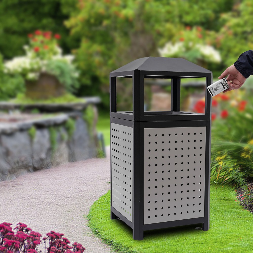 15 Gallons Steel Garbage Can For Outdoor Use Trash Receptacle With Plastic Liner