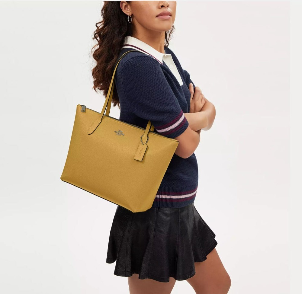 COACH 4454 Black Crossgrain Leather Zip Top Tote with Antique Nickel Hardware