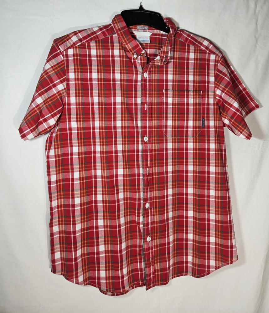 Columbia Button Down Shirt Mens size XL Red Plaid Short Sleeve