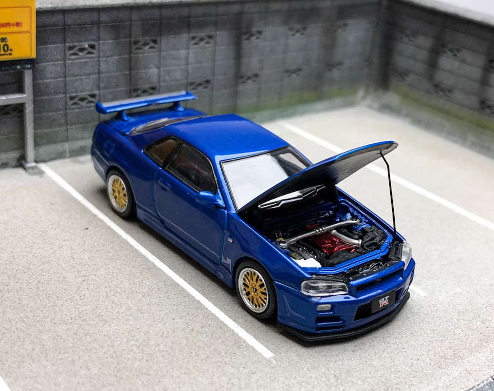 CA 1:64 JDM Blue Fast Skyline GTR R34 Engine Sport Model Diecast Metal Car