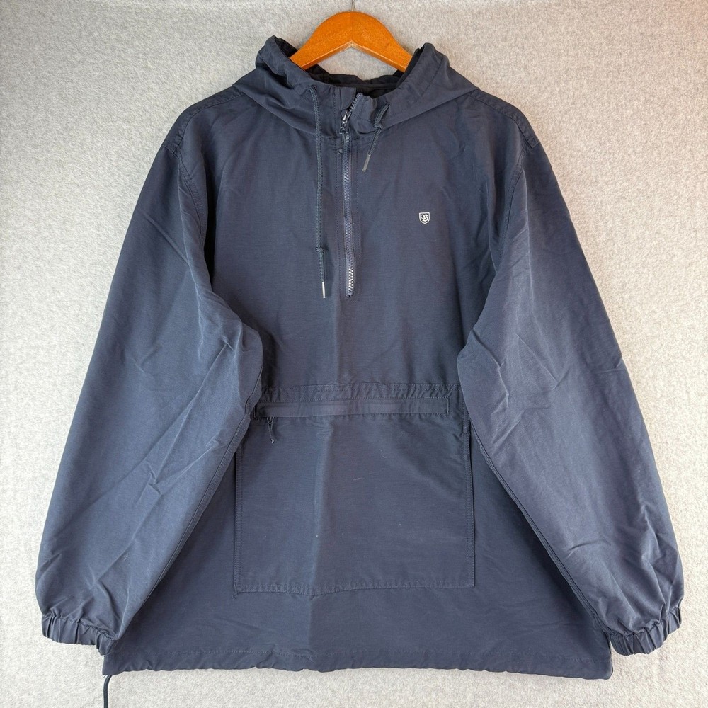 Brixton Navy Blue Pull Over Hooded Long Sleeve Windbreaker Jacket Size XL Skater