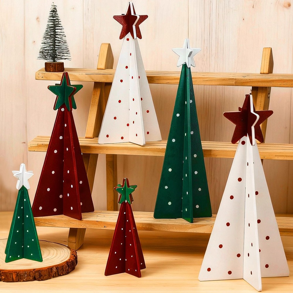 12 Pcs Christmas Decoration 4 Sizes Wooden Tree Sign with Tabletop Star Decor...