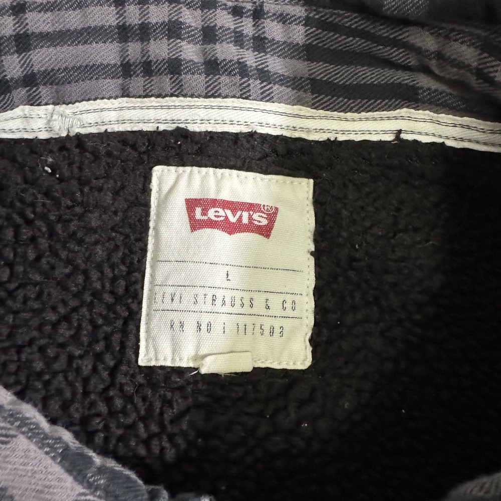Levis Shacket Mens L Gray Flannel Sherpa Lined Plaid Button Up American