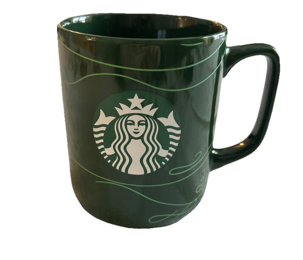 Starbucks 16 oz Forest Green Mermaid Logo Ceramic Mug with Pinstripe Swirls