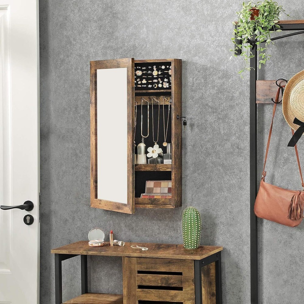 Wall-Mounted White Lockable Jewelry Cabinet with Mirror and Organizer