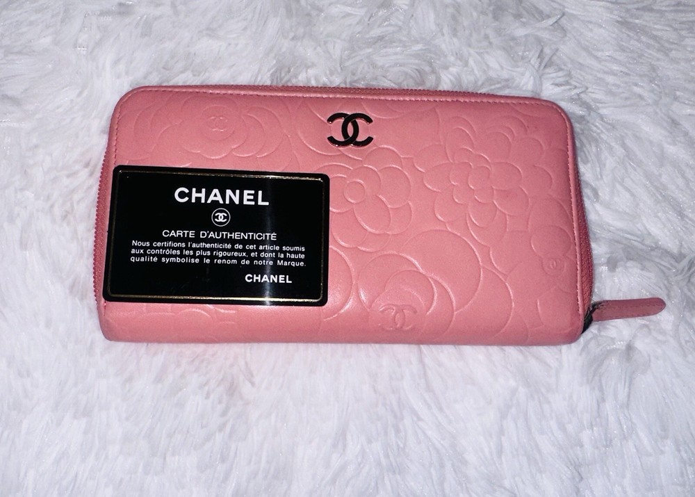 Authentic CHANEL Pink Lambskin Long Wallet with Camellia Detail