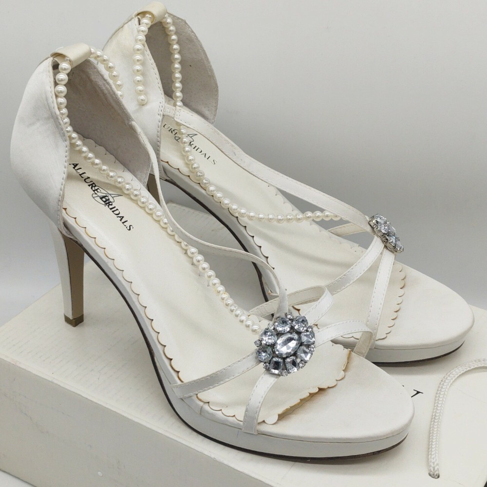 Allure Bridals Size 9 White Satin Stiletto Heels with Beaded Pearl Accents Open Toe