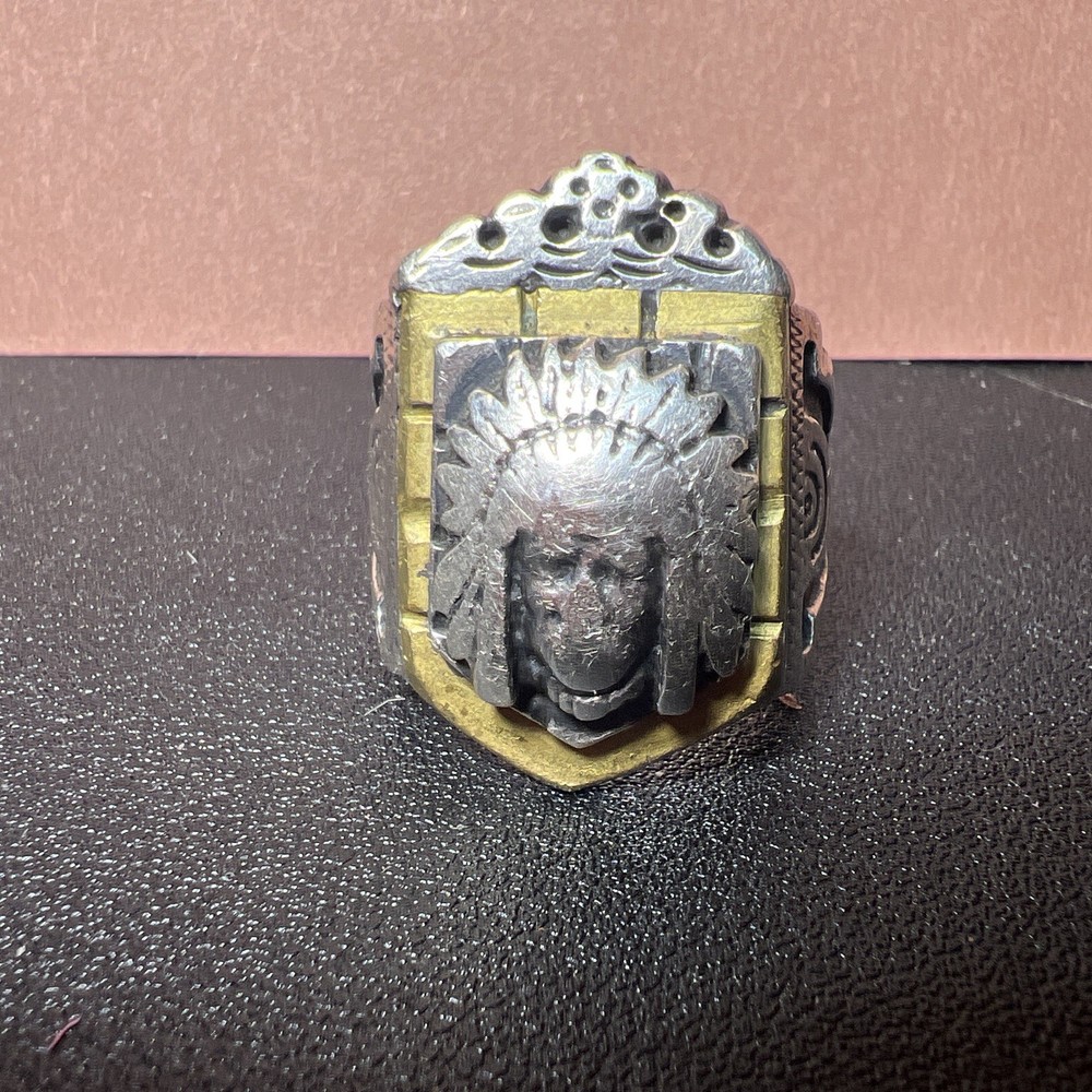 Brass & Sterling Silver Crown Aztec Indian Chief Mexican Biker Ring Sz 9.25