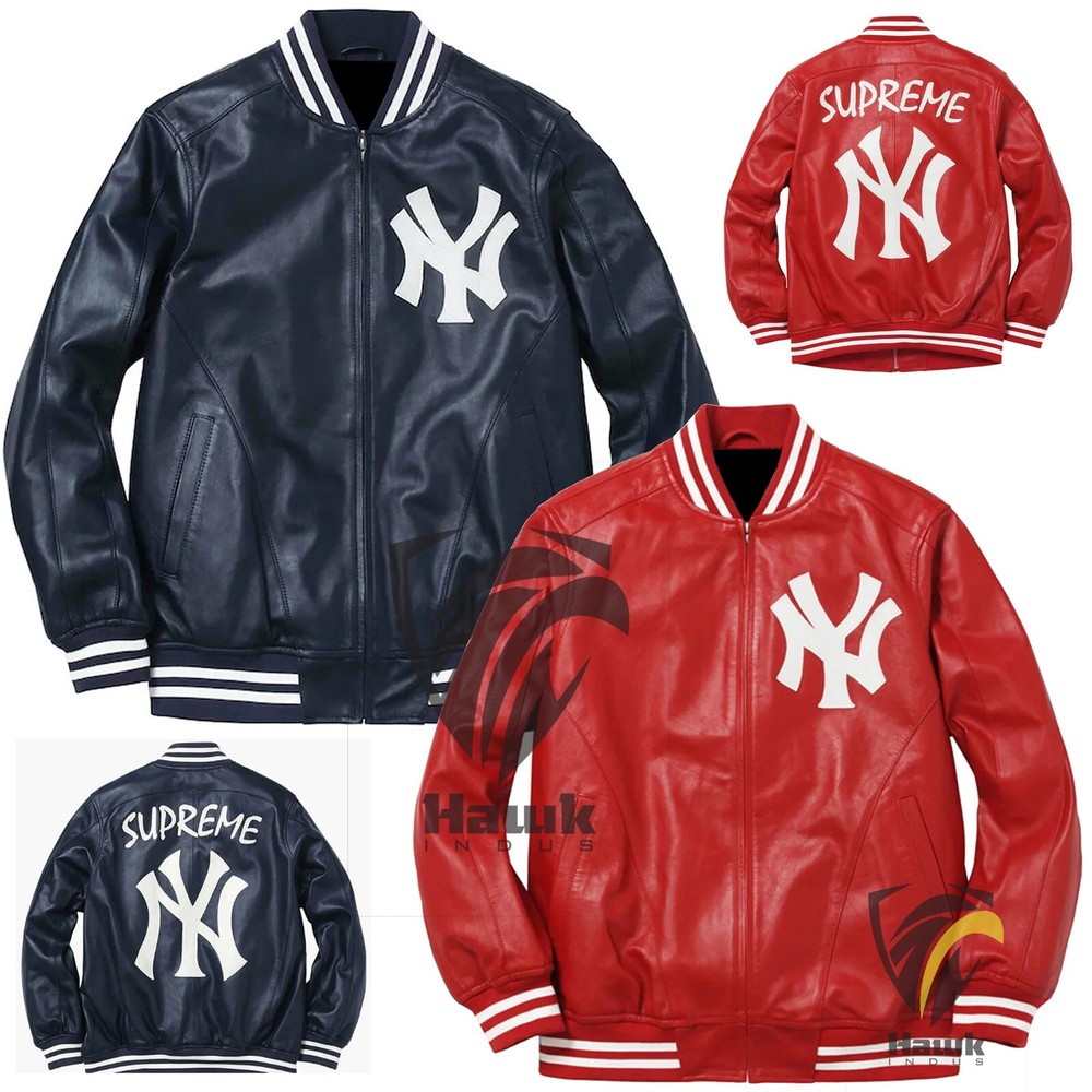 NY Yankees Red / Navy Letterman Varsity Premium Sheep Leather Jacket Embroidered