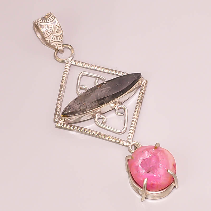 Natural Pink Onyx Druzy Black Rutilated Silver Boho Pendant