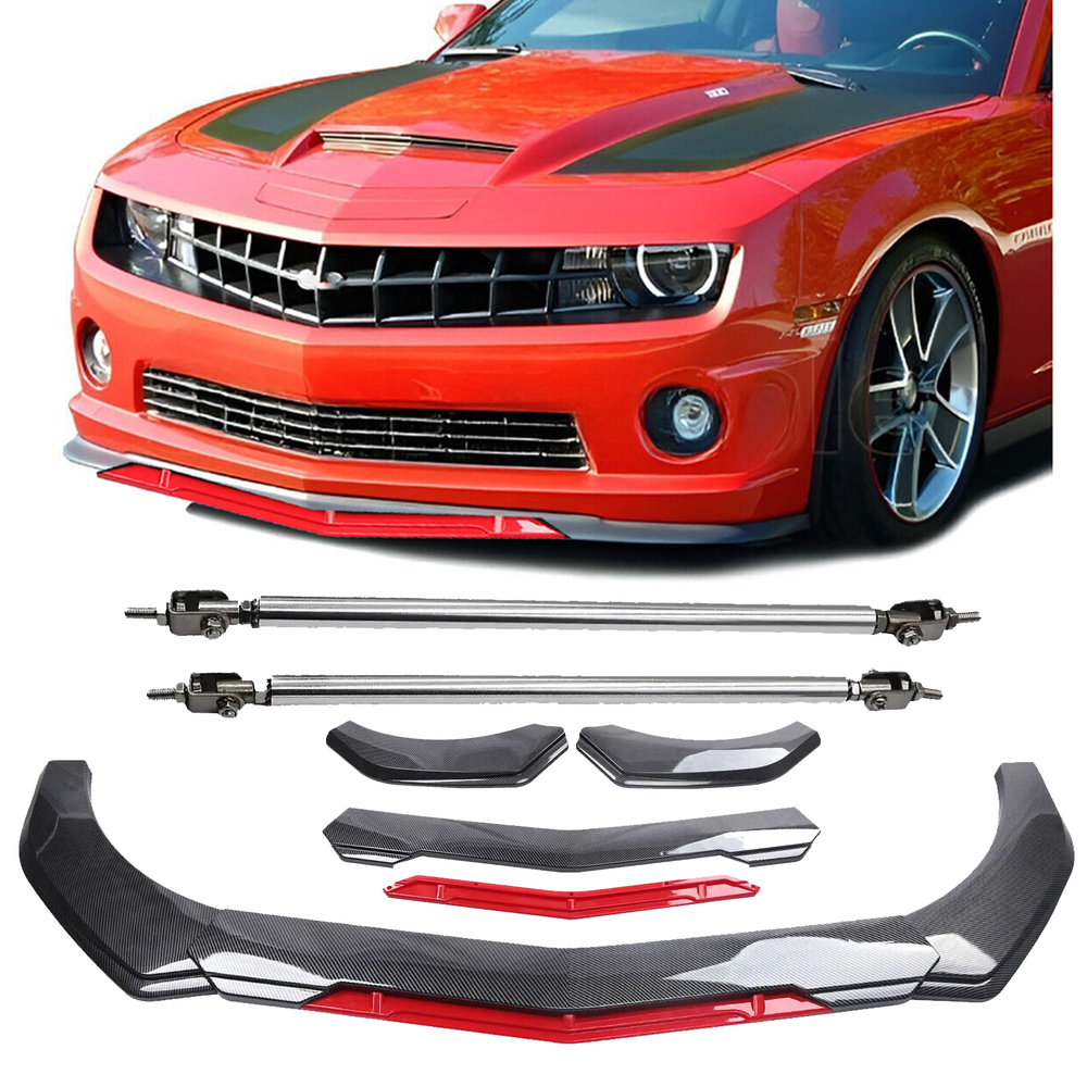 Carbon Fiber Front Bumper Lip Spoiler Splitter with Strut Rods for Chevy Camaro SS