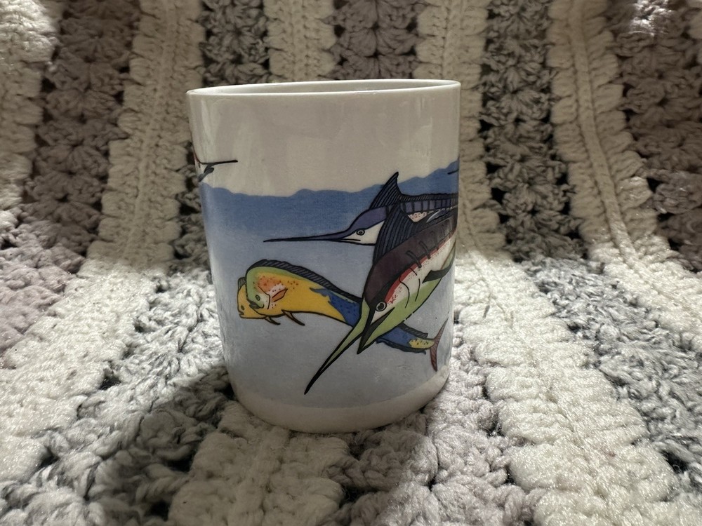 Vintage 80s Fish Ceramic Coffee Mug White Sailfish Swordfish Marlin Novelty