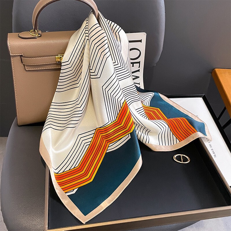 100% Silk 27'' Scarf Women Kerchief Square Bandana Wrap Fashion White Striped