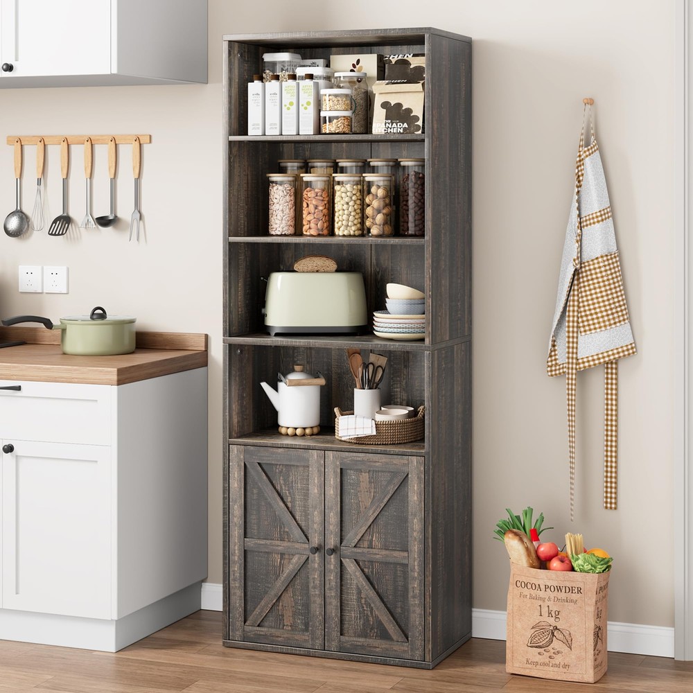 4-Door Wooden Bookshelf with Open Display and Storage Cabinet  